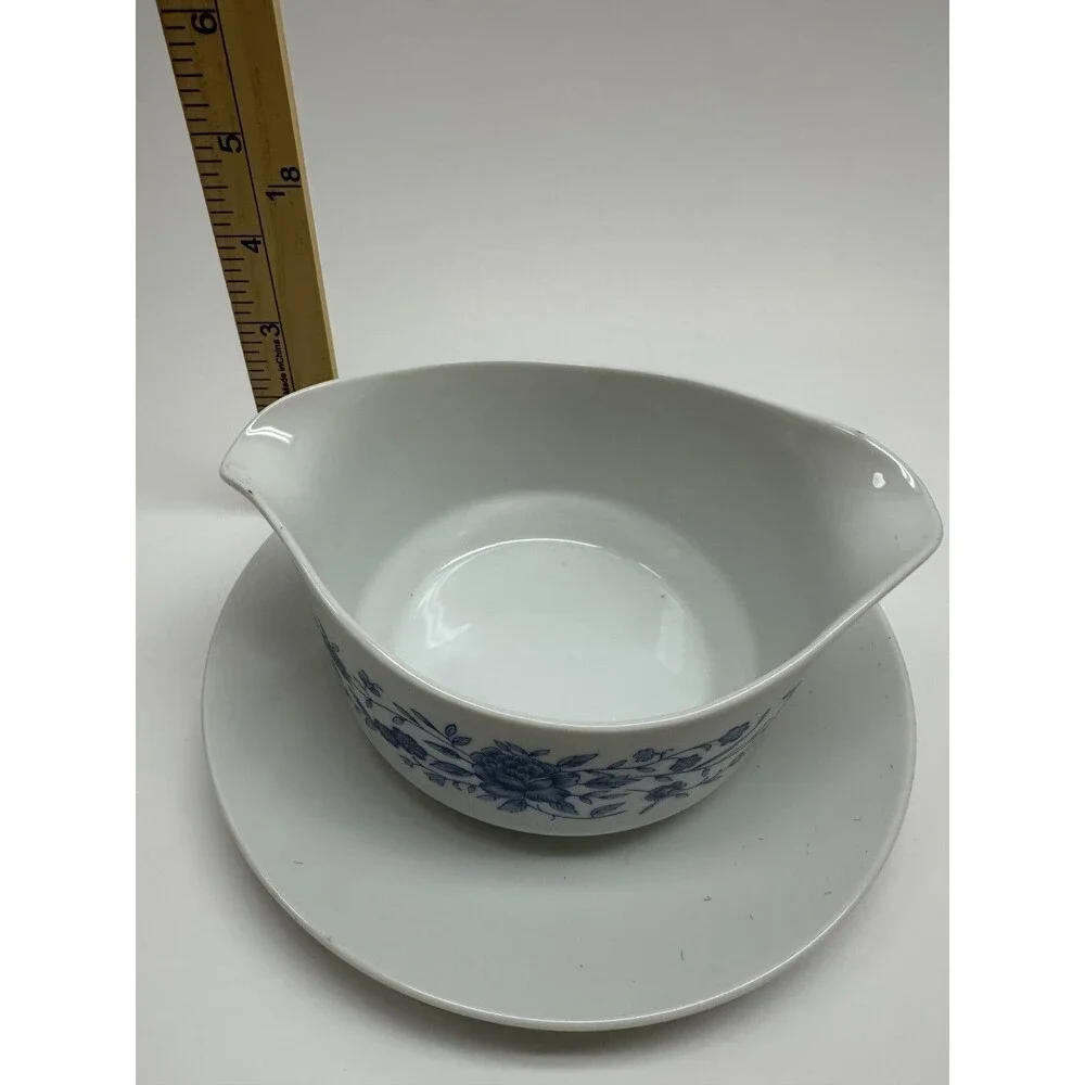 Vintage Elite Creation Blue Brocade Gravy Boat Attached Underplate Japan